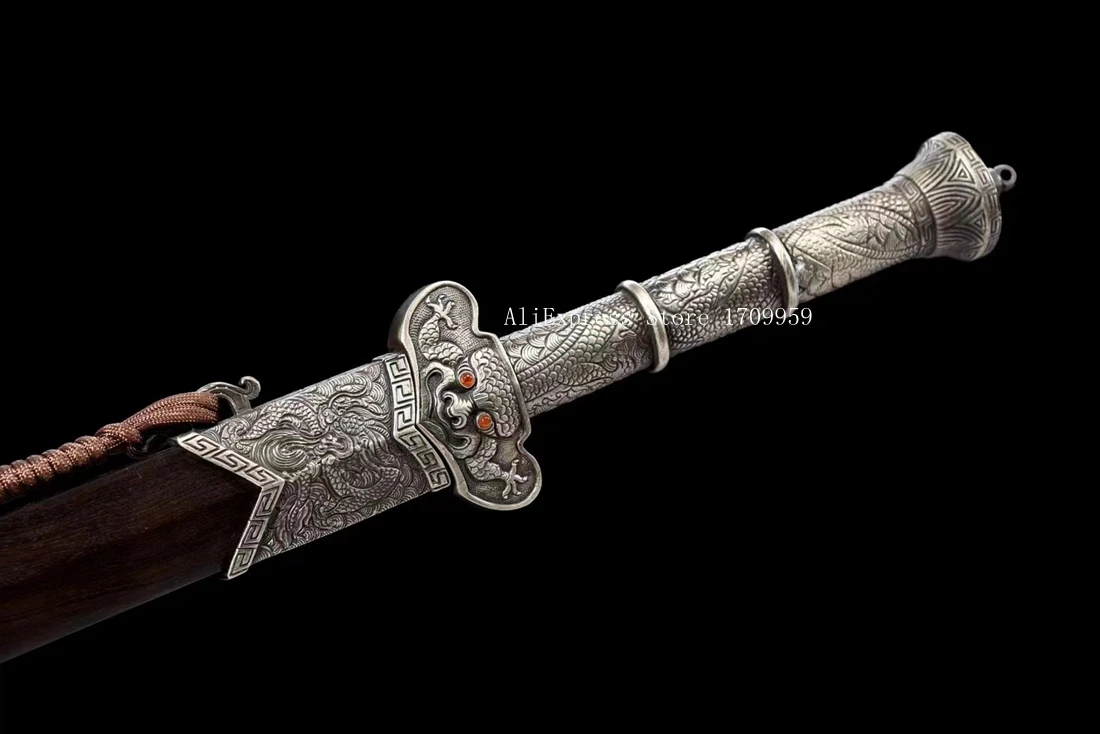 Copper Handle Dragon KungFu Battle Jian Chinese Han Dynasty Double Edge Sword Damascus Folded Steel Blade Ebony Wood Sheath - view 3
