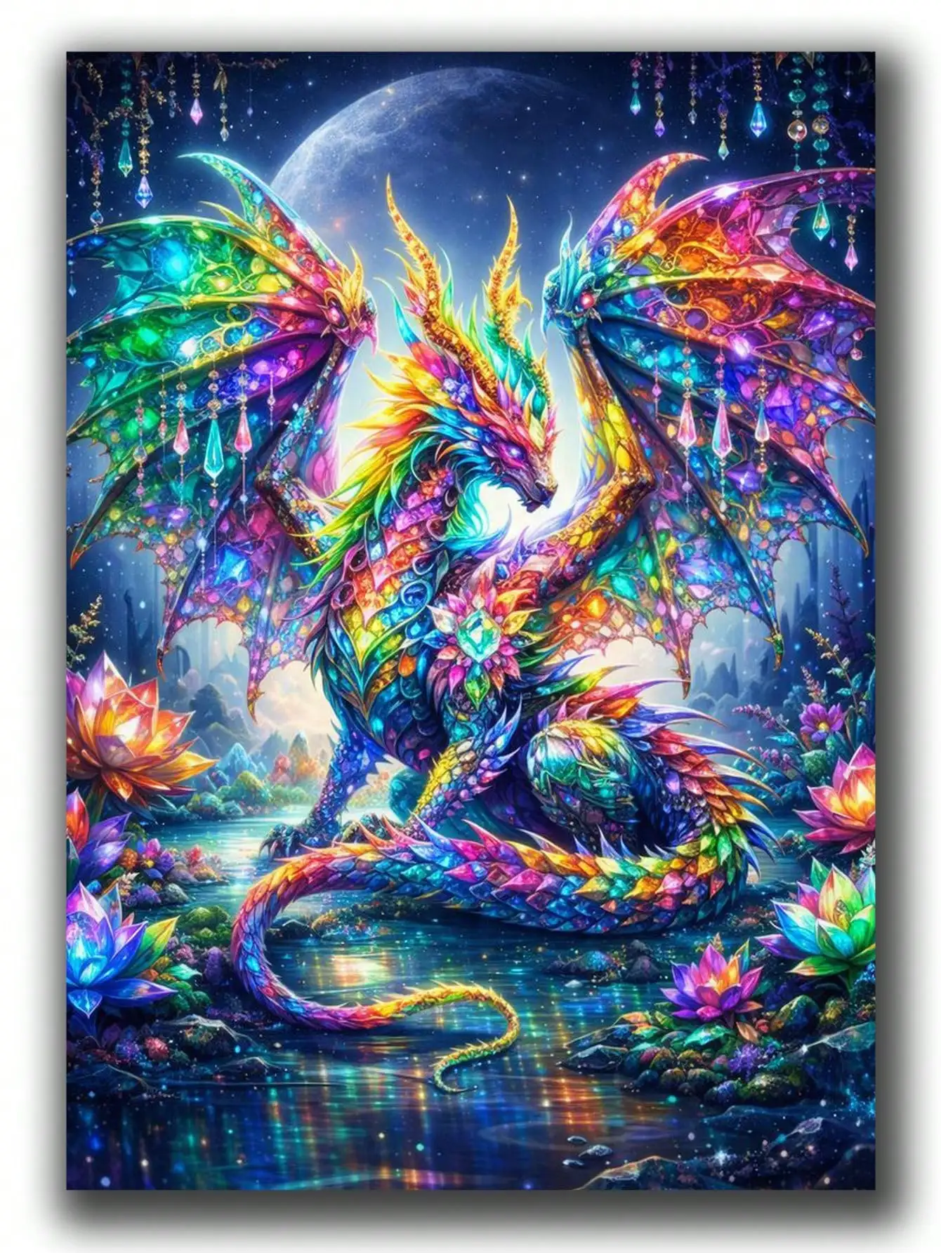 Rainbow Fantasy Dragon Diamond Painting, Winged Creature With Lotus And Moon Lake Scene Mosaic Artwork for Home Wall Decoration