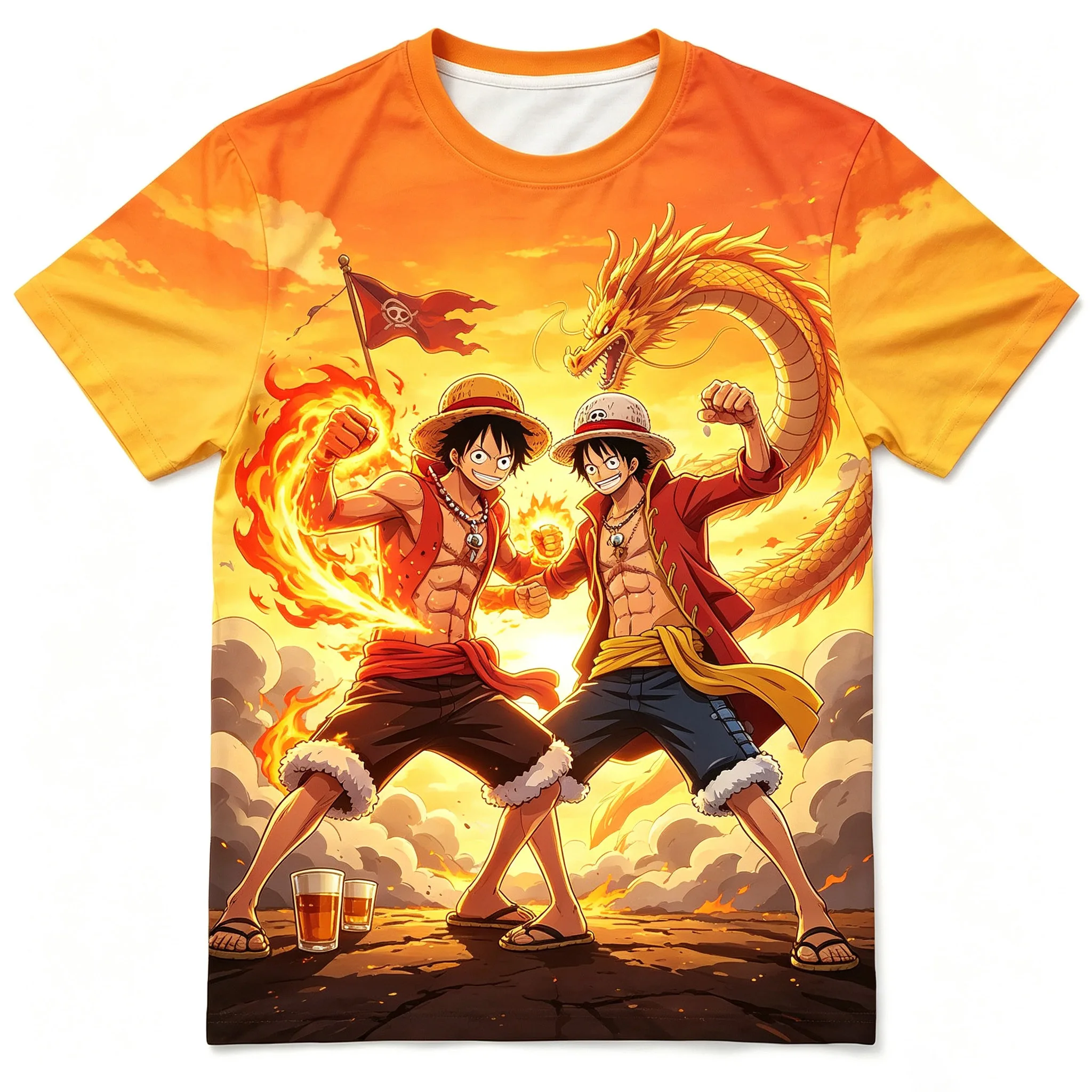 One Piece Luffy Ace Fire Dragon 3D Printed Tshirt Men Anime Sunset Short Sleeve Casual Tops