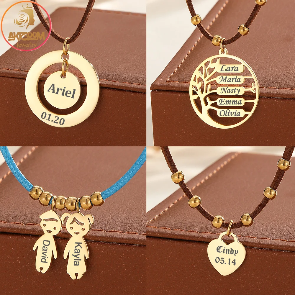 Akizoom Custom Engrave Name Heart Necklaces Stainless Steel Personalized Letter Life Tree Pendant For Women Family Jewelry Gift