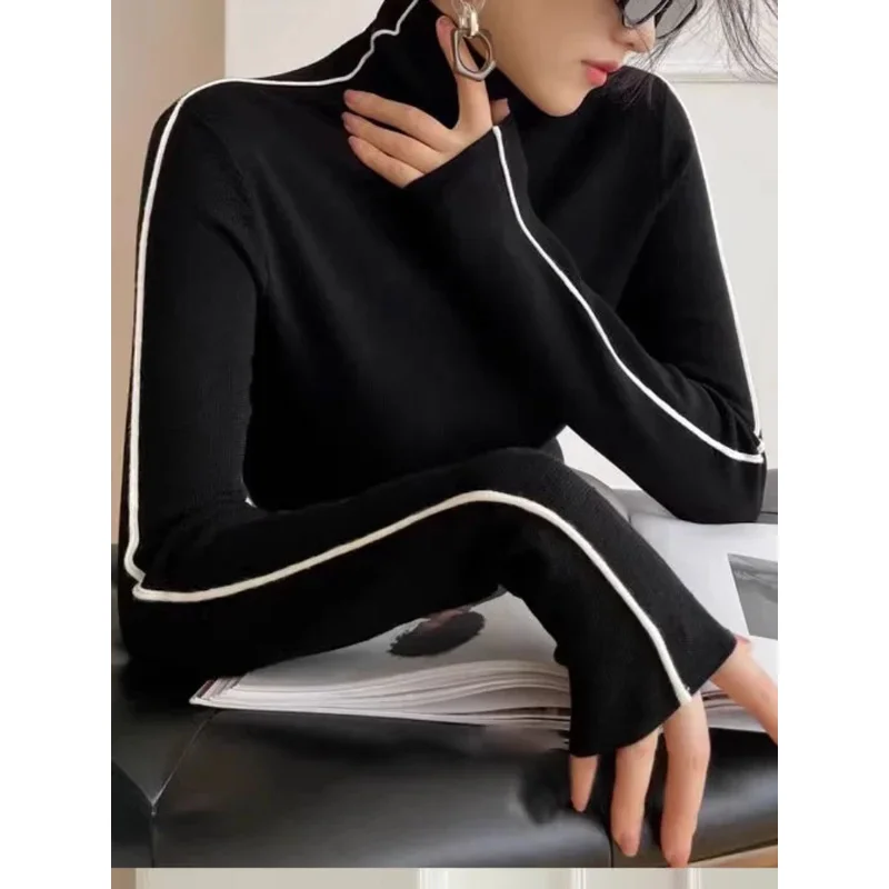

New Arrival Women's High Neck Color Blocked Slim Fit Long Sleeve T-Shirt Simple Casual Basic Top Fall Winter