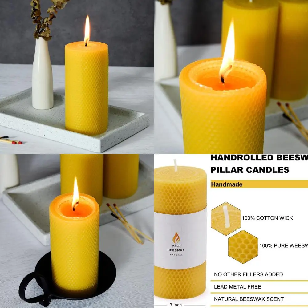 

3PCS Beeswax Pillar Candles,Large Handmade Pure Beeswax Rolled Candle,Unscented & Dripless & Smokeless,3 * 6"