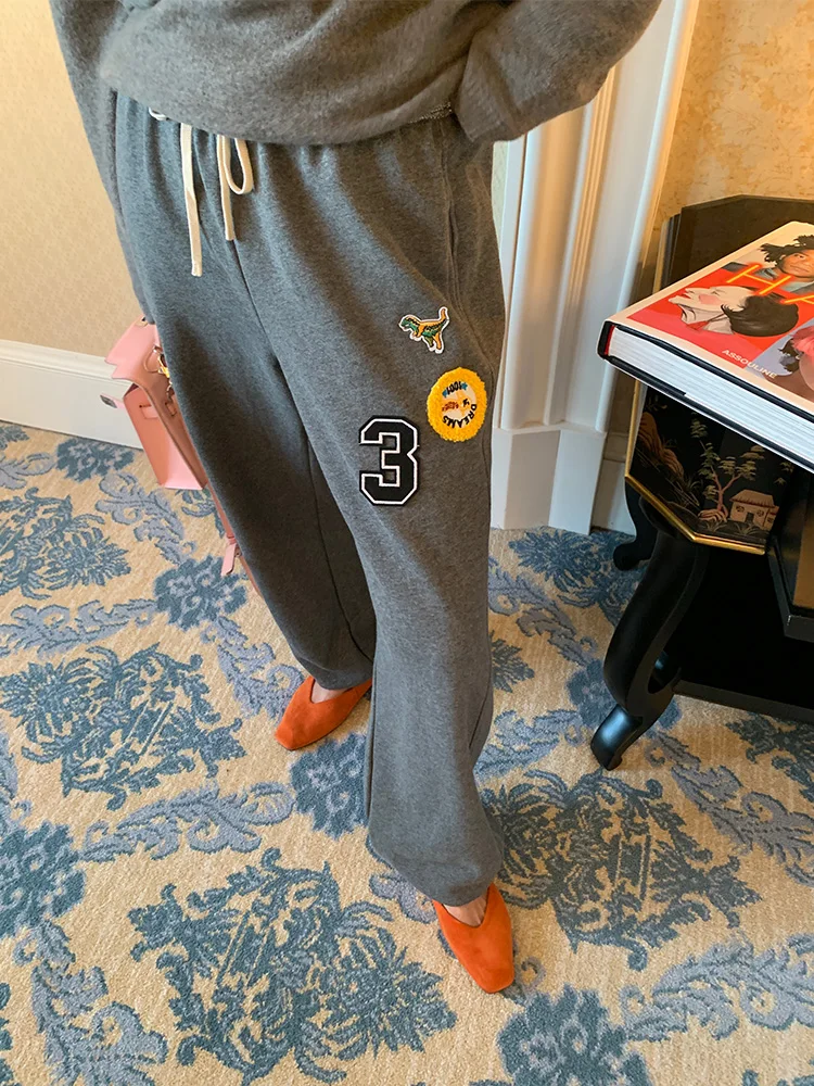 Spodnie codzienne dla kobiet, luźny krój, sportowy styl, wysoki stan, proste nogawki, dzianinowe spodnie bawełniane na jesień 2023