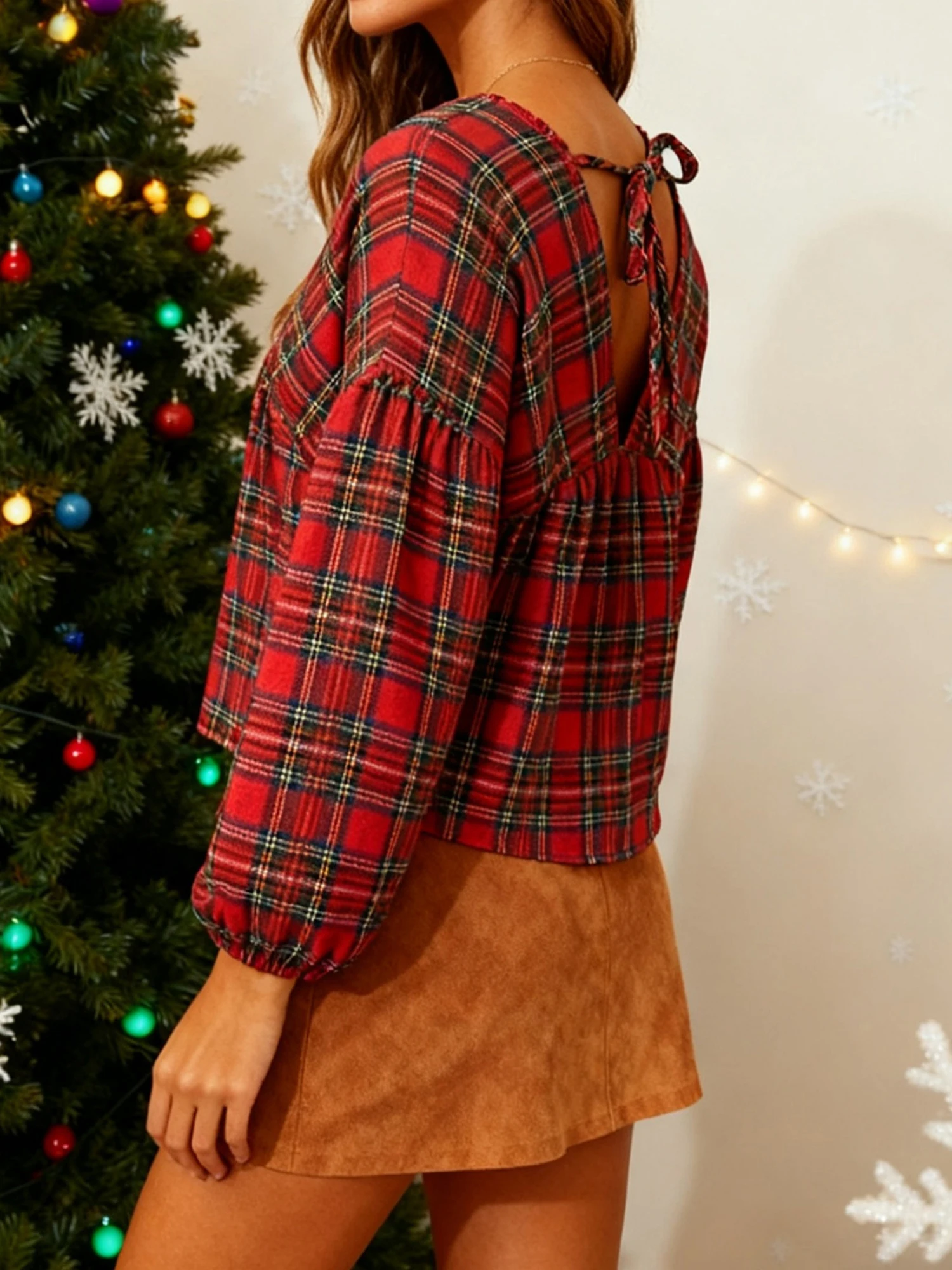 بلوزة نسائية كاجوال منقوشة برقبة على شكل حرف V وأكمام طويلة وتفاصيل ربطة عنق لأزياء الربيع والخريف #4