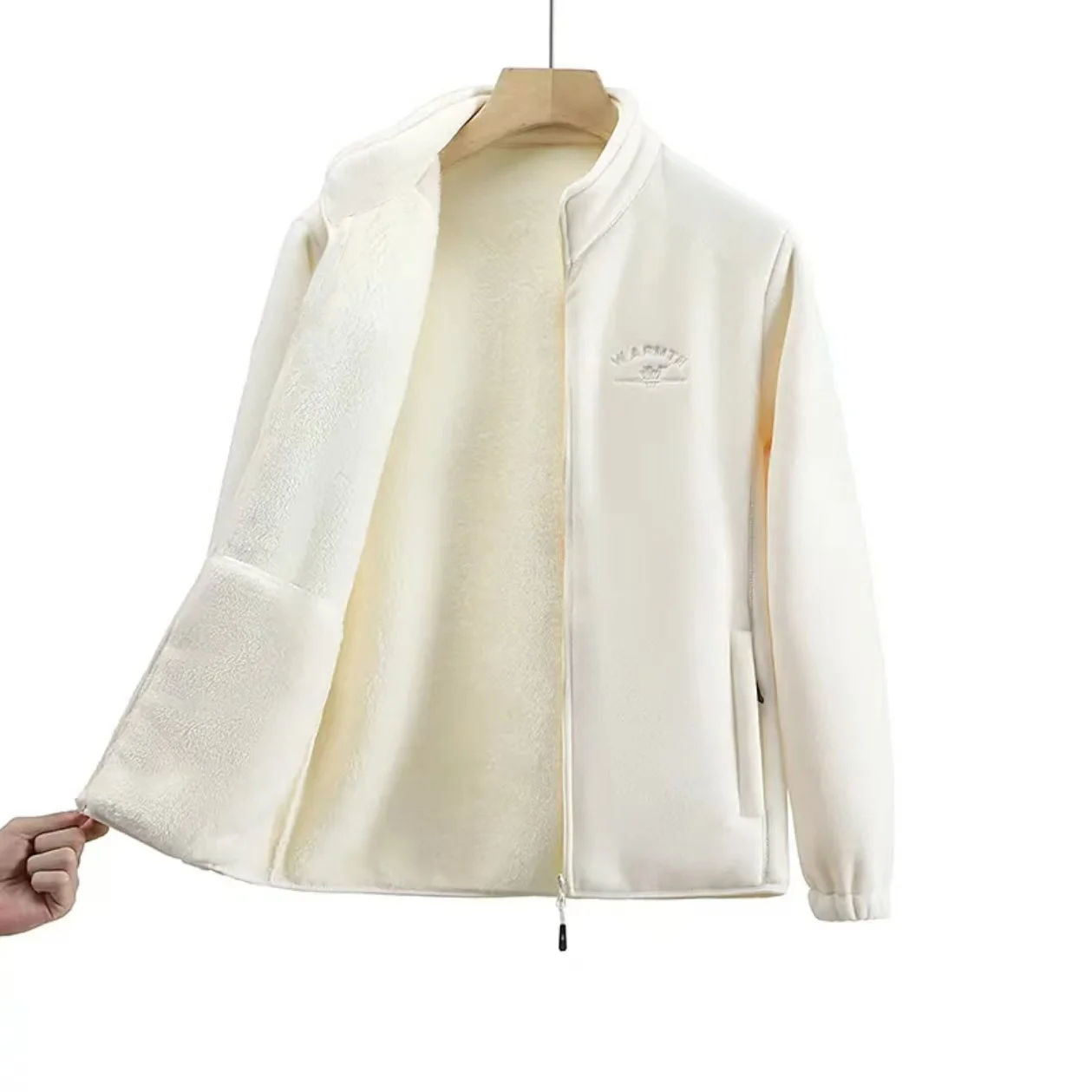Women's Wool Liner Coat Winter Loose-Fit Full-Sleeve Polar Fleece Zipper Letter-Print Jacket, Office Travel Holiday Gift