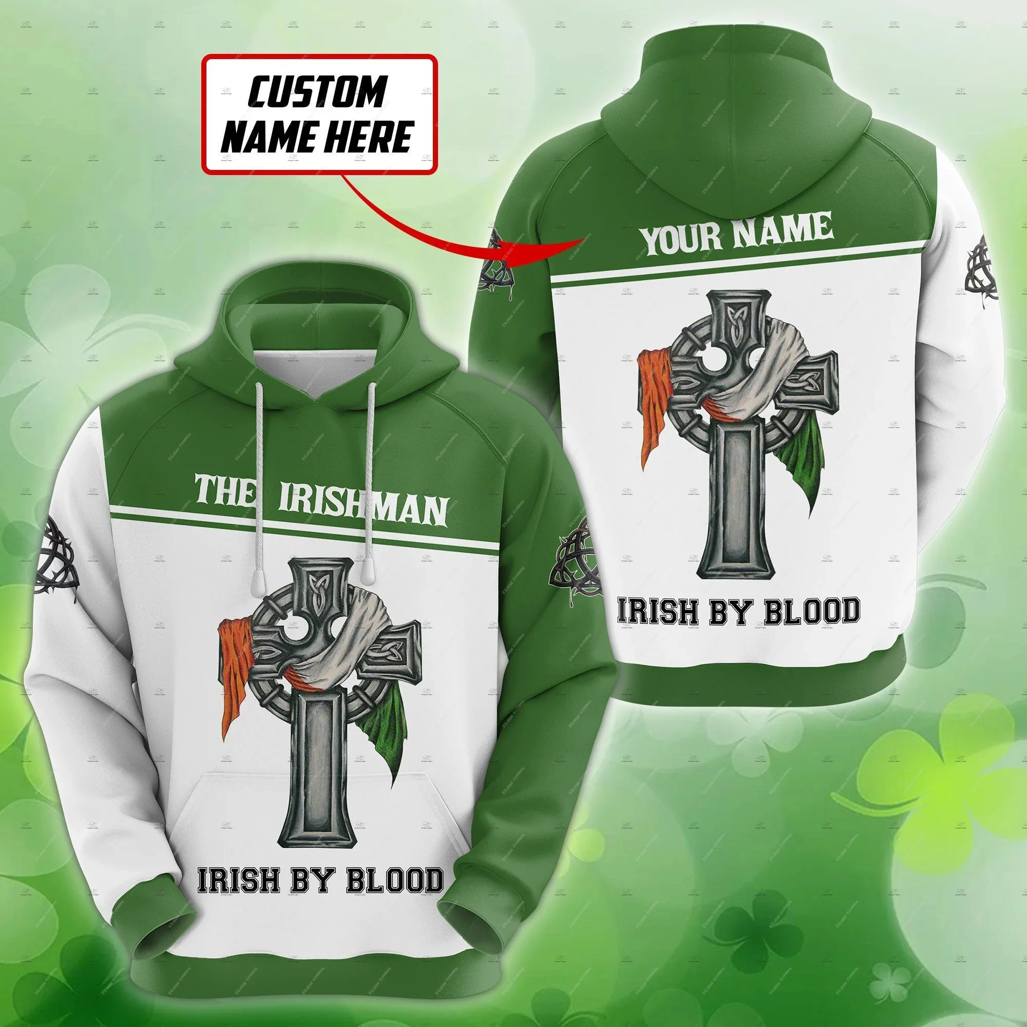 Custom Name Irish Ireland Country Flag St.Patrick Tattoo Vintage Retro Unisex 3DPrint Harajuku Pullover Casual Jacket Hoodies 60