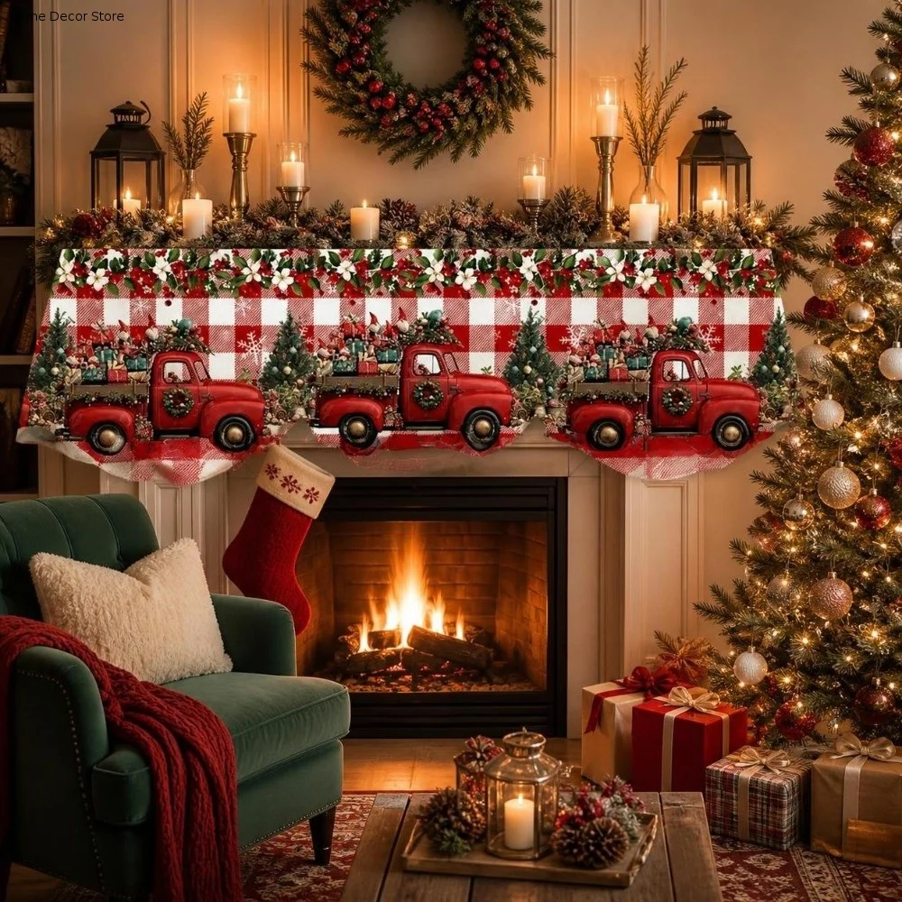 Santa Claus Christmas Fireplace Mantel Scarf Snowman Snow Landscape Mantel Topper Home Decor Decorative Xmas Mantel Decor