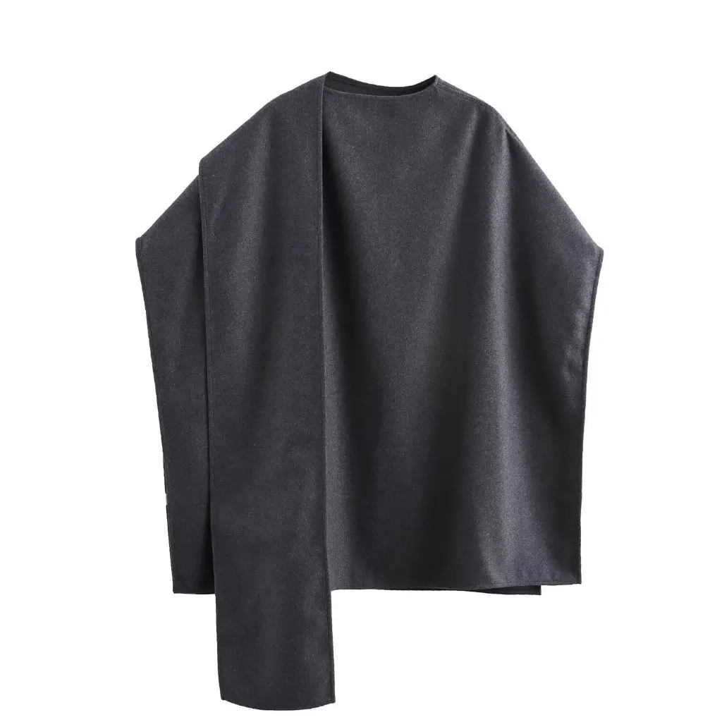 

Grey Wool Vest Cloak Autumn Winter Fashionable Elegant Slant-Breasted Loose Cardigan Women's Upperwear