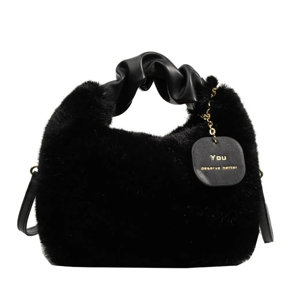 Estilo coreano Plush Nuvem Crossbody Bag, monocromático, PU Faux Rabbit Fur Bolsa, alça plissada, Design de nicho