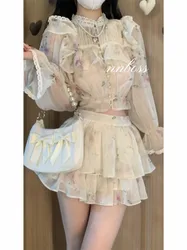 Chinese Lace Floral Print Shirt Cake Skirt Two-piece Set Women Stand Collar Ruffled Edges Slim Sweet Gentle Summer Chic Wear New