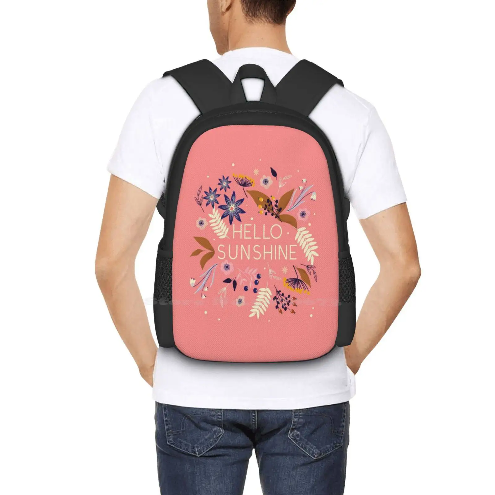 Mochila con diseño de impresión 3D Hello Sunshine para estudiantes, bolsa de flores, tipo de tipografía, Hello Sunshine Florals, naturaleza, jardín, Girly