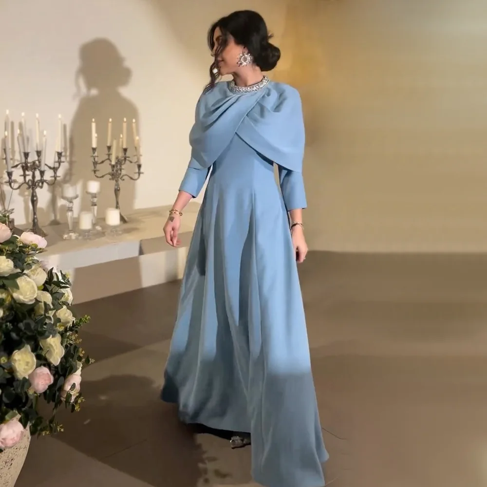 Fashion Beaded Diamond Neckline Shawl Long Dress Elegant Muslim Evening Gown Solid Color Office Dress for Women High Waist Robe