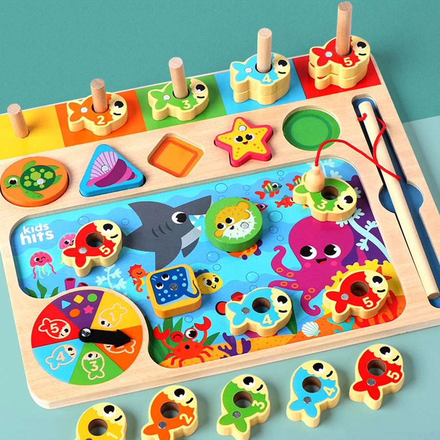 Baby Montessori Educatief Houten Rekenspeelgoed Kinderen Druk Bord Tellen Vorm Kleuren Match Vissen Puzzel Leren Speelgoed Geschenken