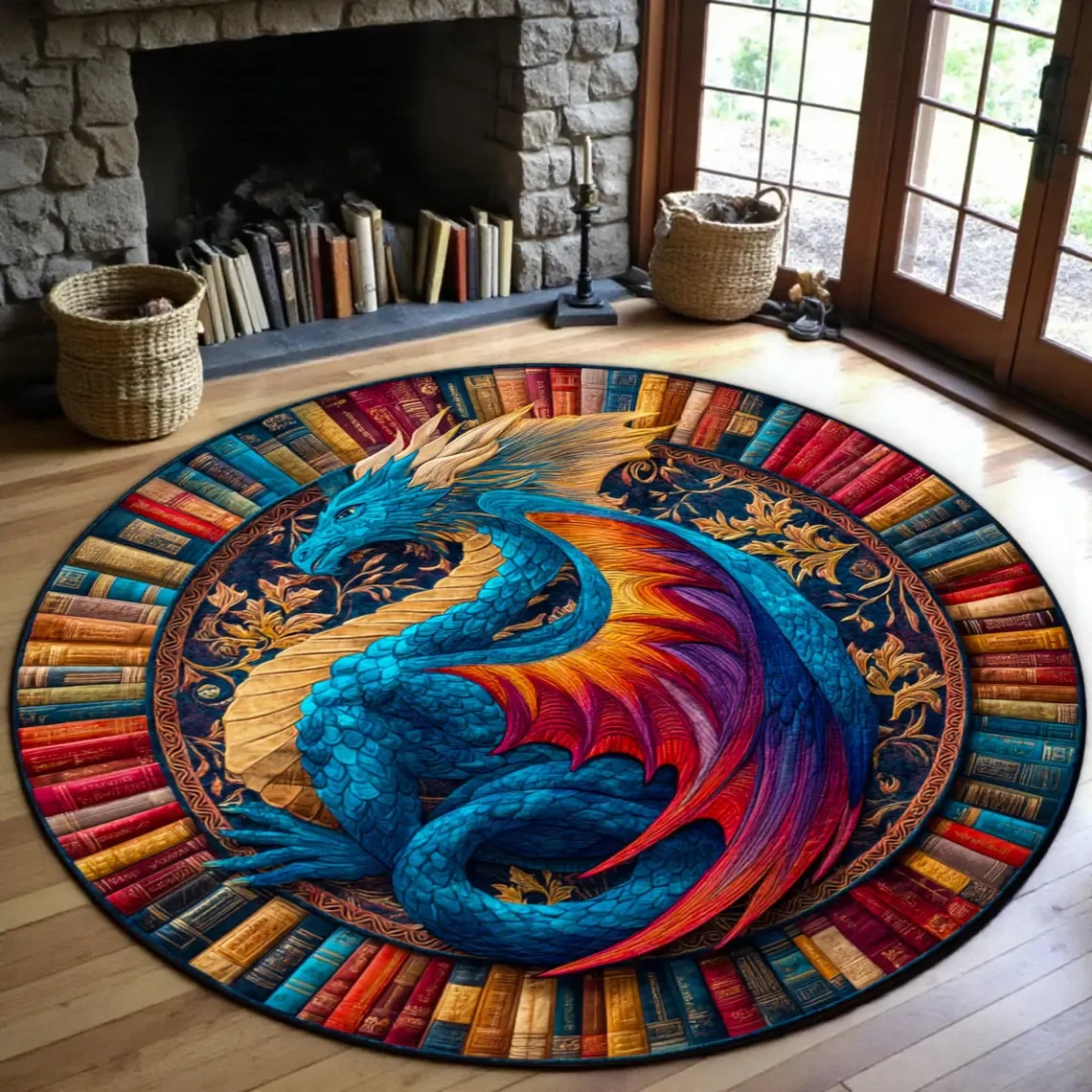 Fantasy and Book Dragon Rug, Vibrant 3D Dragon Protects Book Round Rug, Dragon Design Mat, Mythical Dragon Creature Home Decor