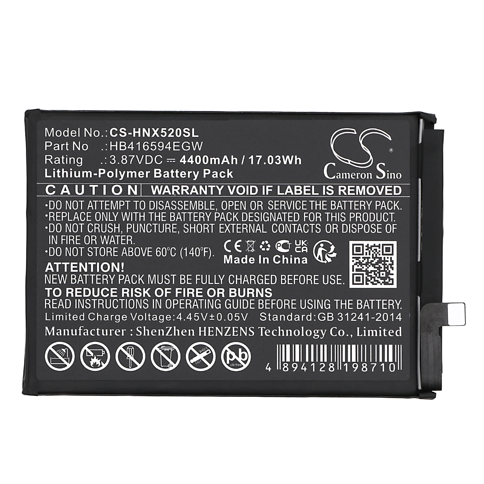 CS Replacement Battery for Honor X50i 5G,CRT-AN00 PN:HB416594EGW 4400mAh / 17.03Wh