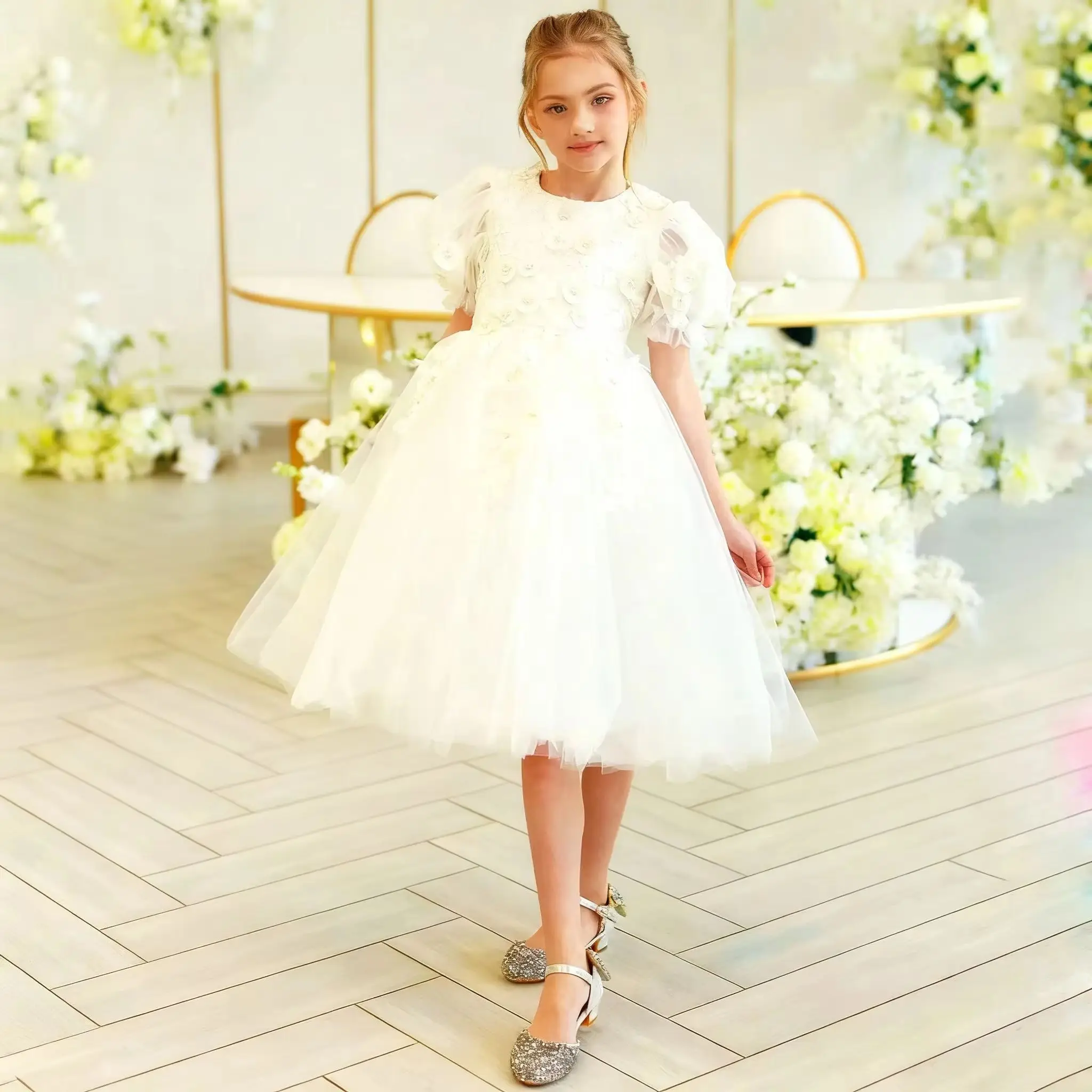 

Индивидуальное платье цветочницы цвета слоновой кости, длиной до колена, из фатина с цветочными аппликациями для свадьбы и дня рождения