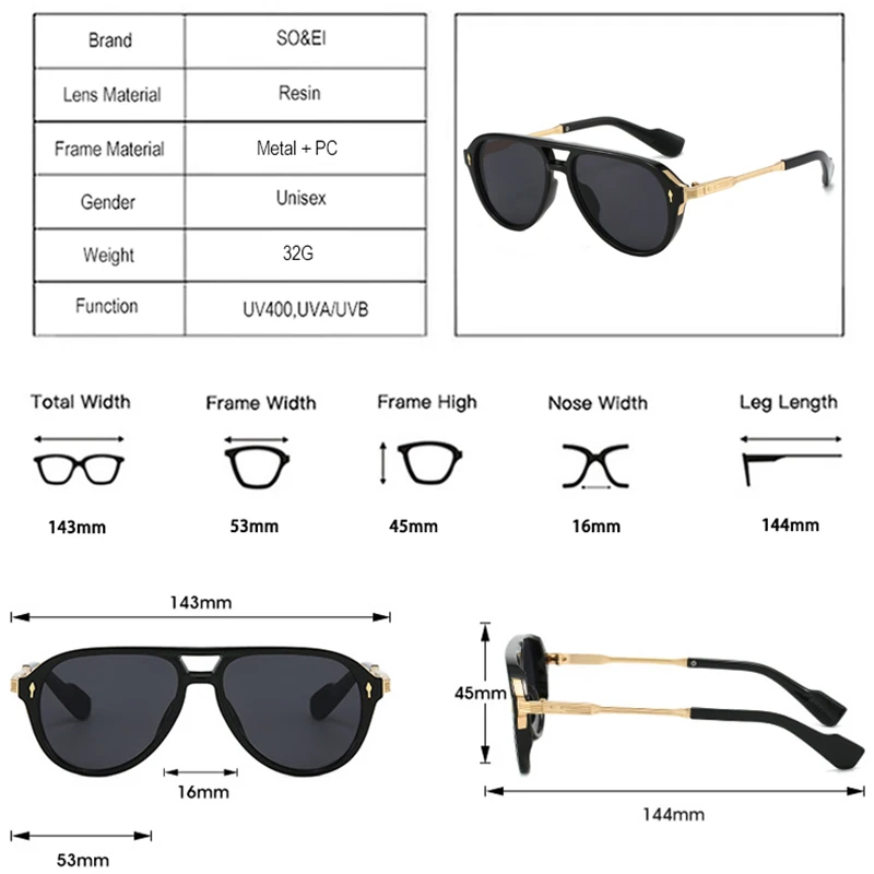 So & ei Retro Doppelbrücken Pilot Frauen Luxus Sonnenbrille Mode Nieten Männer Sonnenbrillen UV400 Trend Outdoor-Sport Sonnenbrille