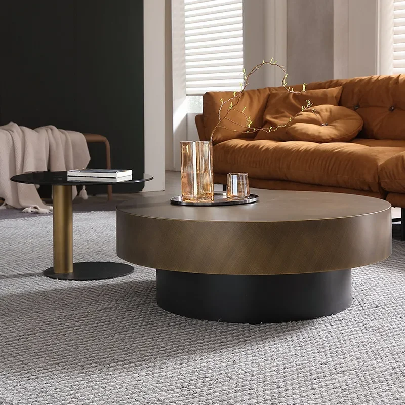 Modern Round Bronze Coffee Table with Glass Top Simple Living Room Side Table Small Apartment Tea Table Size Combination