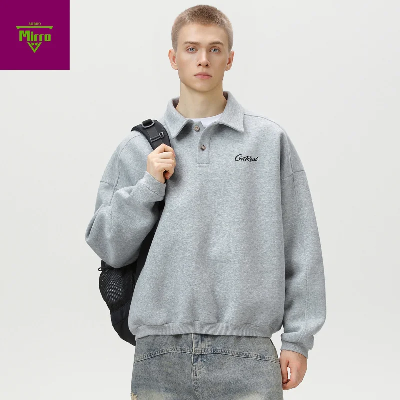 

【Mirrordust】Осенняя свободная толстовка с отложным воротником и буквенным принтом для мужчин, однотонный пуловер в американском уличном стиле, свитер