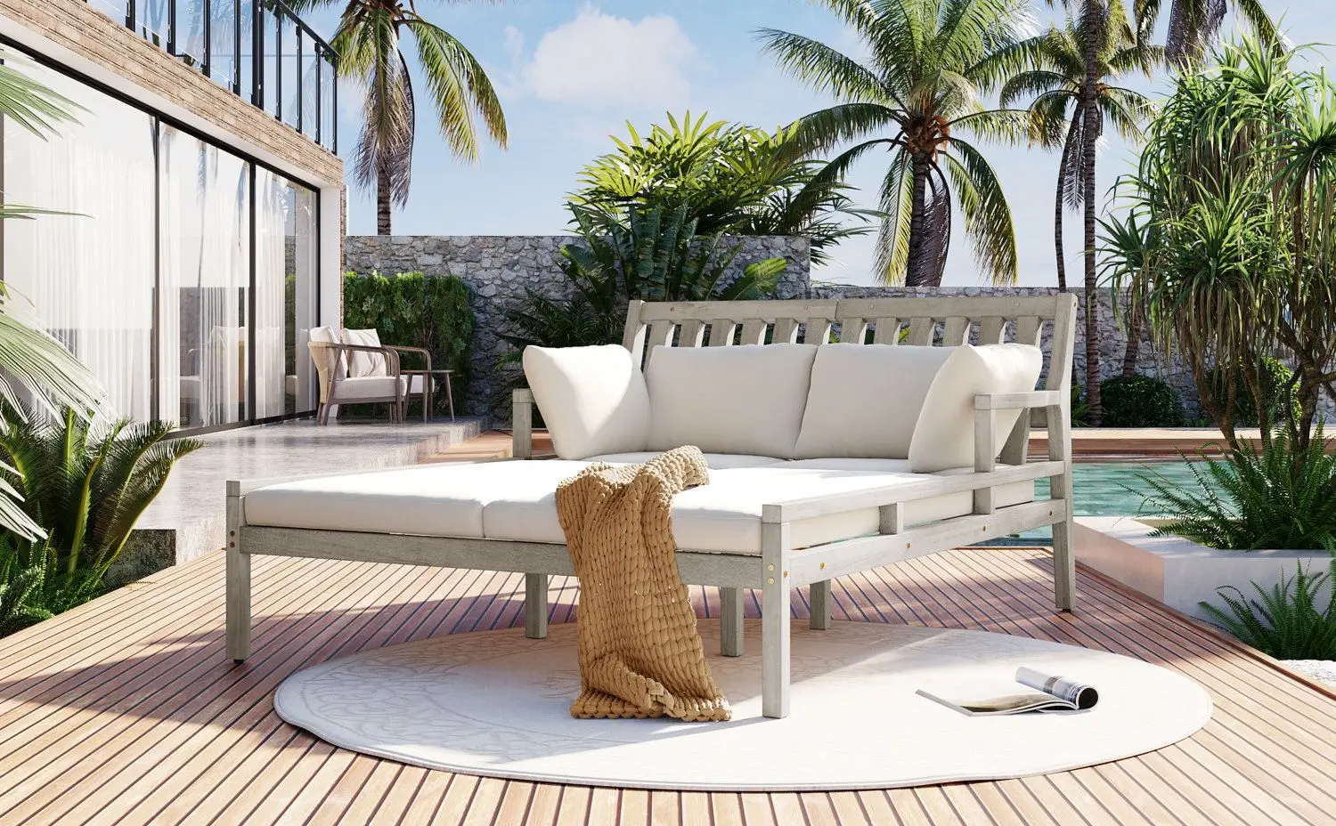 

TREXM Outdoor Daybed, Patio Daybed with Four Pillows, Wooden Outdoor Bed with Curved Armrests for Poolside, Backyard, Garden (Gr