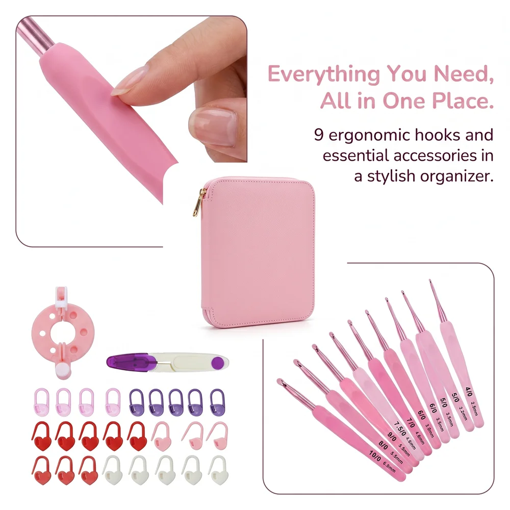 34pcs/set Crochet Hook Kit 2.5-6cm Ergonomic Soft Handle Aluminum Hooks with Strorage Bag Yarn Weave Knitting Needles Set image 3
