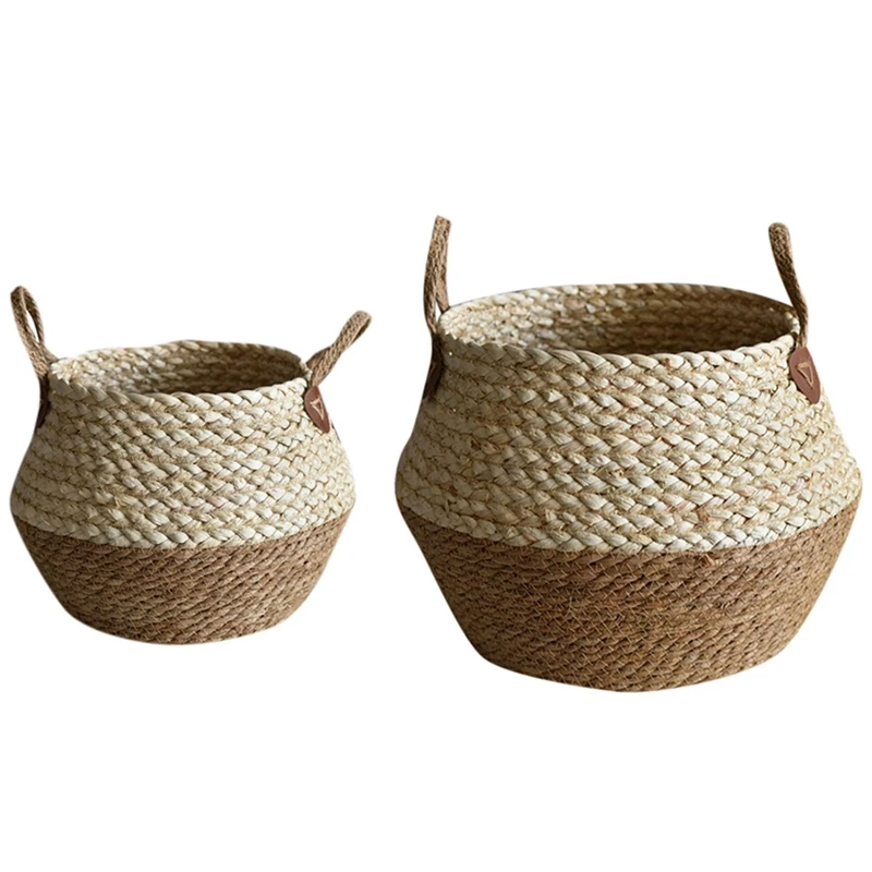 

2X Foldable Natural Seaweed Weaving Flower Pot Seagrass Wicker Basket Flower Plant Home Decor, S & L