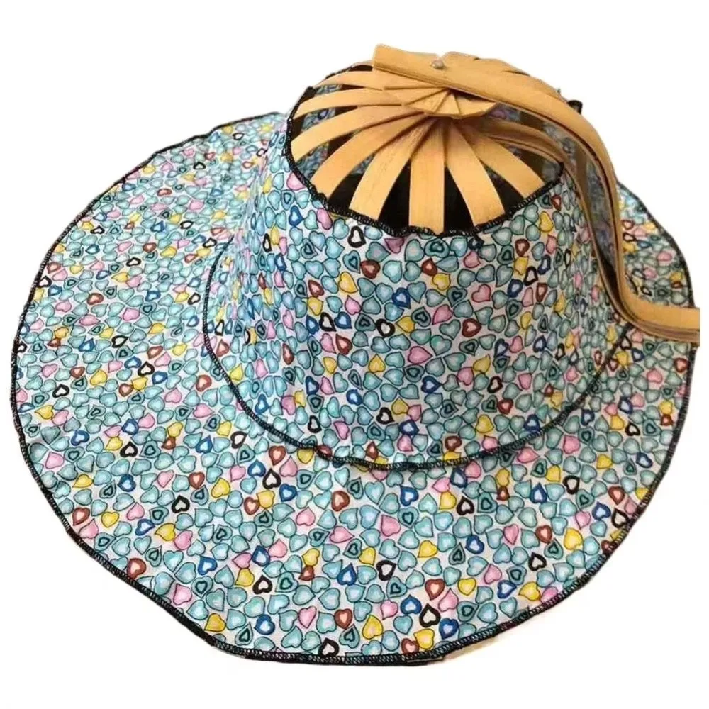 

Wide Brim Folding Fan Hat Foldable UV Protection Fan Sun Hats Floral Printed Chinese Style Bamboo Sunscreen Cap for Travel