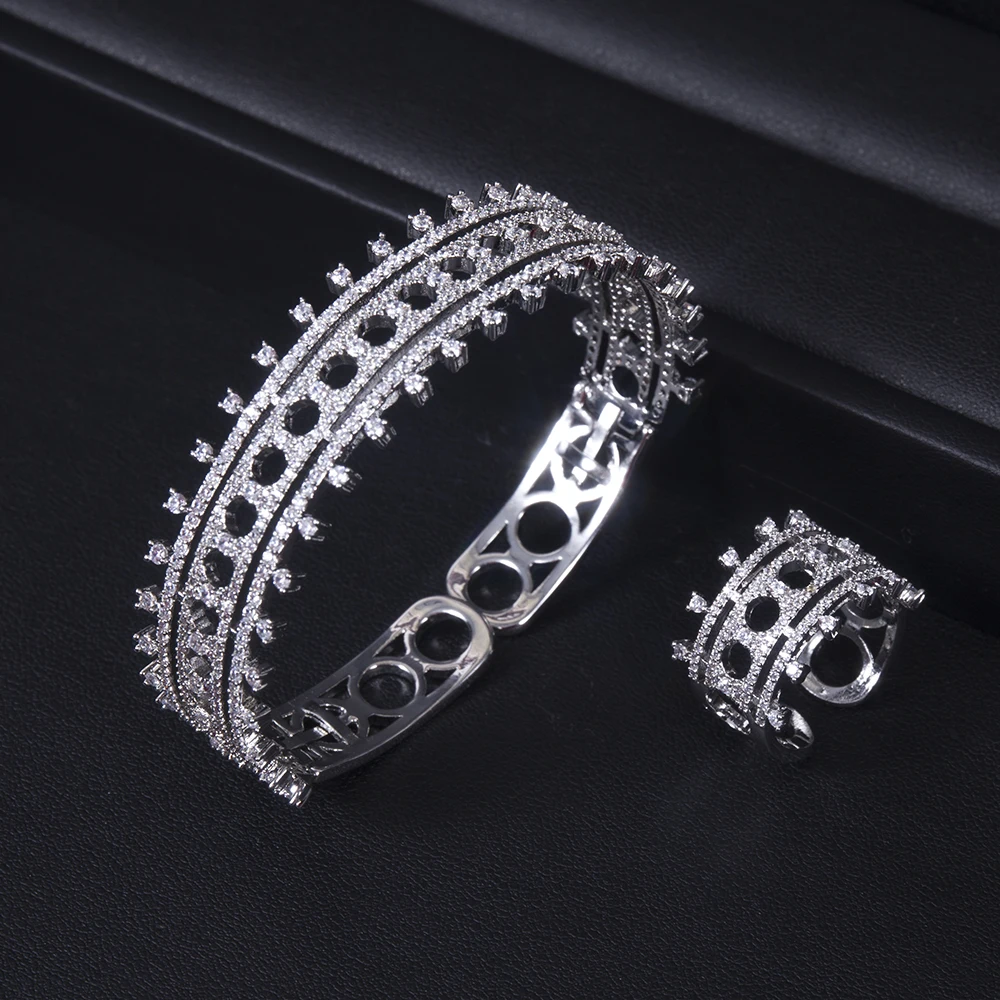 Luxury 2PCS Dubai Bangle Ring Set Fashion Jewelry For Women Wedding Engagement Brincos Para As Mulheres HXS018