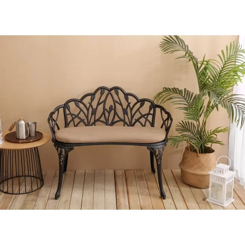 Cast Aluminum Garden Bench with Tulip and Rose Floral Design Outdoor Patio Furniture for Terrace Park Lawn Courtyard