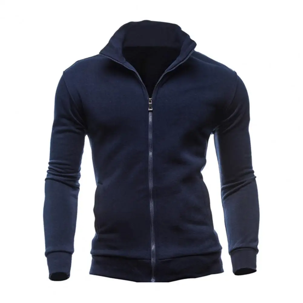 Men Jacket Stylish Men's Stand Collar Zipper Coat with Pockets Solid Color Sport Outwear for Autumn Winter Fashion Full Zipper