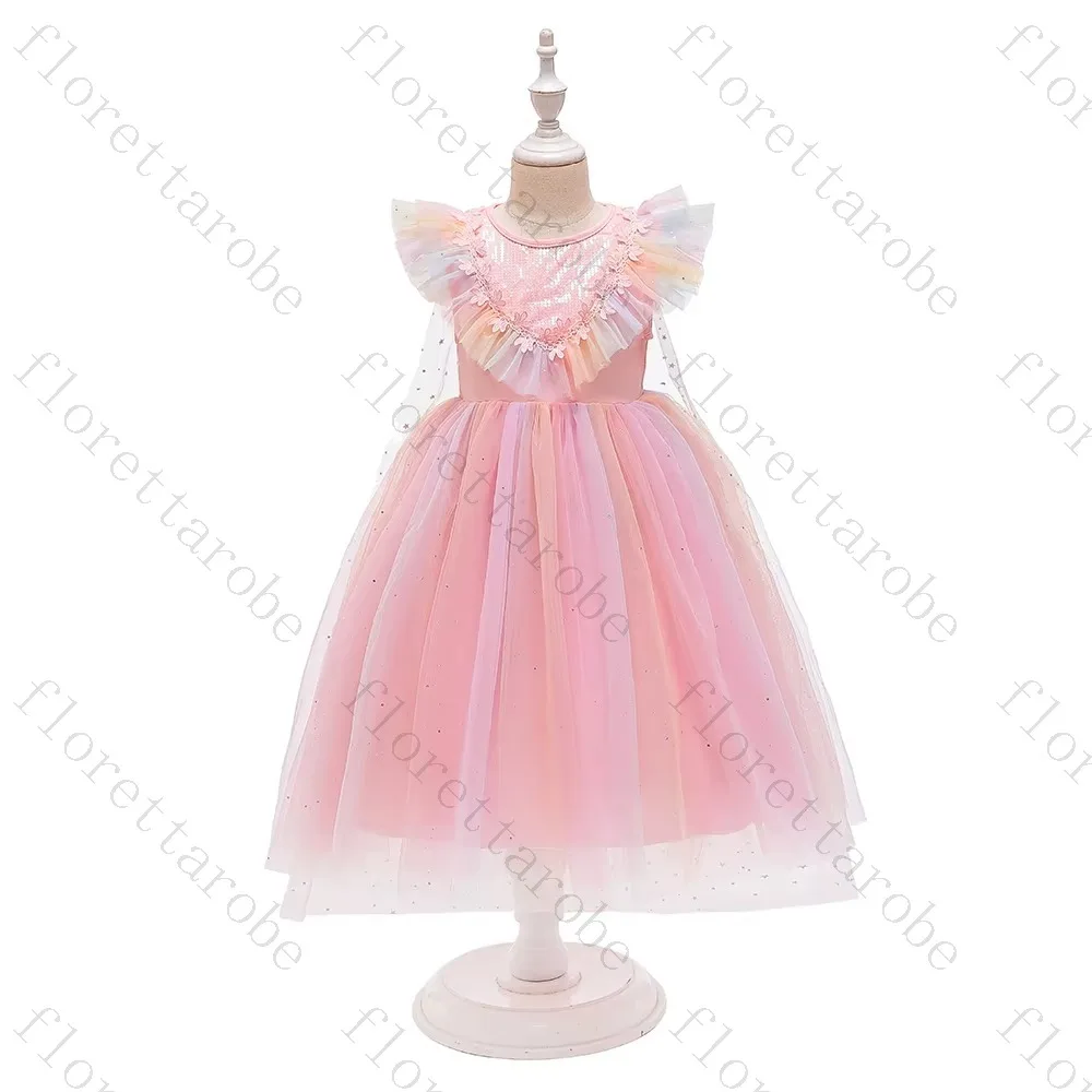 Customized Pink Gradient Flower Girl Dress A Line Short Round Neck Ruffle Sleeve Sequin Tulle Kids Party Princess Gown Elegant