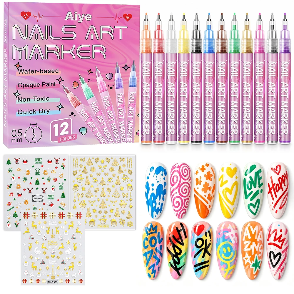 12PCS Nail Art Marker Pens 0.5mm Fine Tip Drawing Painting Pen Set with 3 Christmas Nail Stickers DIY Manicure Nail Design Tool
