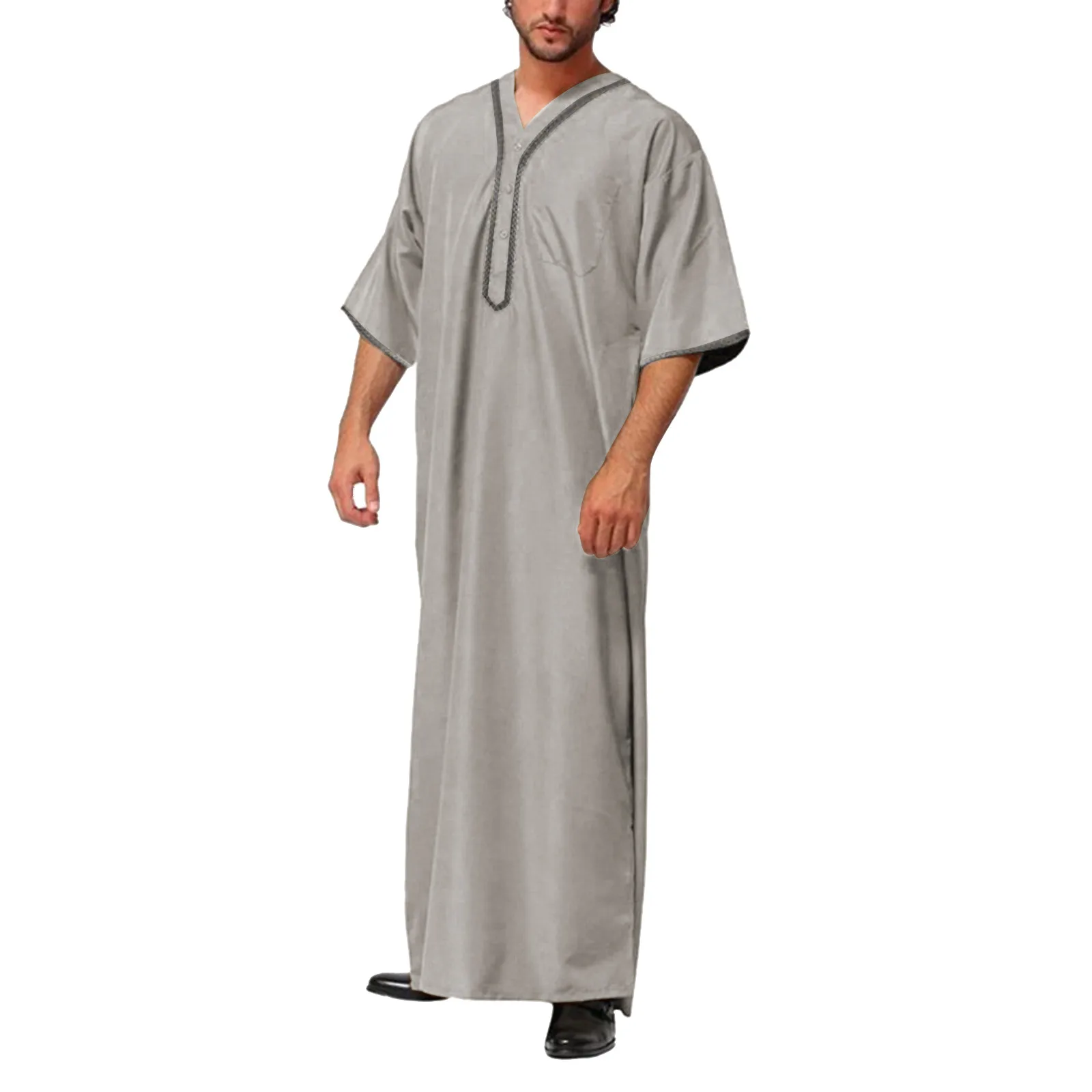 Men Vintage Half Sleeve Muslim Kaftan Robes Leisure V Neck Printed Jubba Thobe Solid Patchwork Arabic Clothes Plus Size S-5XL