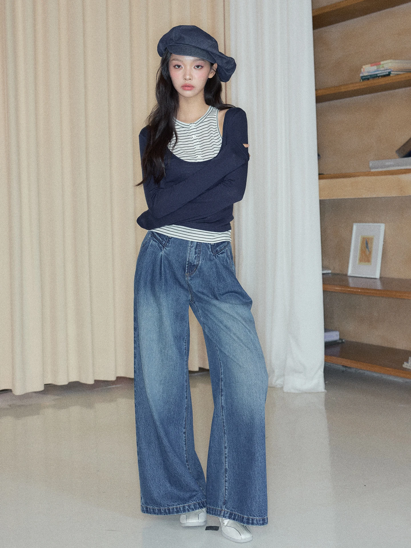 

Youyilin Original Design Wide Leg Jeans Women's Loose Straight Long Trousers Autumn Fashion High Waist Cotton Denim Blue