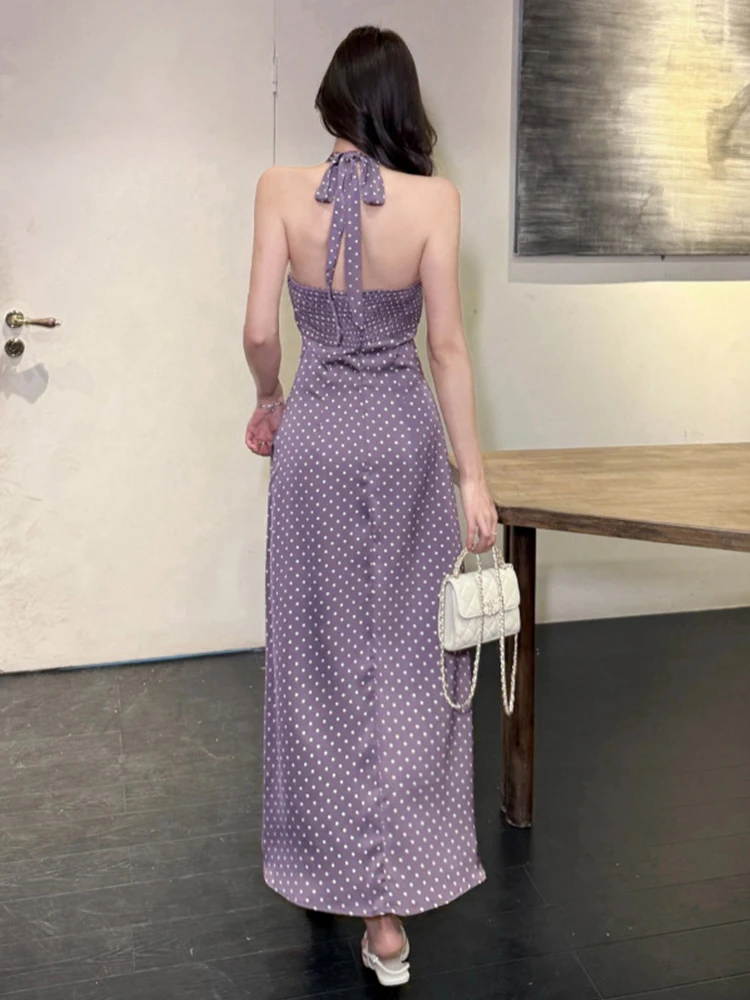 Robe longue de vacances française élégante pour femmes, Sexy, Vintage, violet, col licou, Maxi, Robe de vacances, dos nu, à bandes, robes de soirée