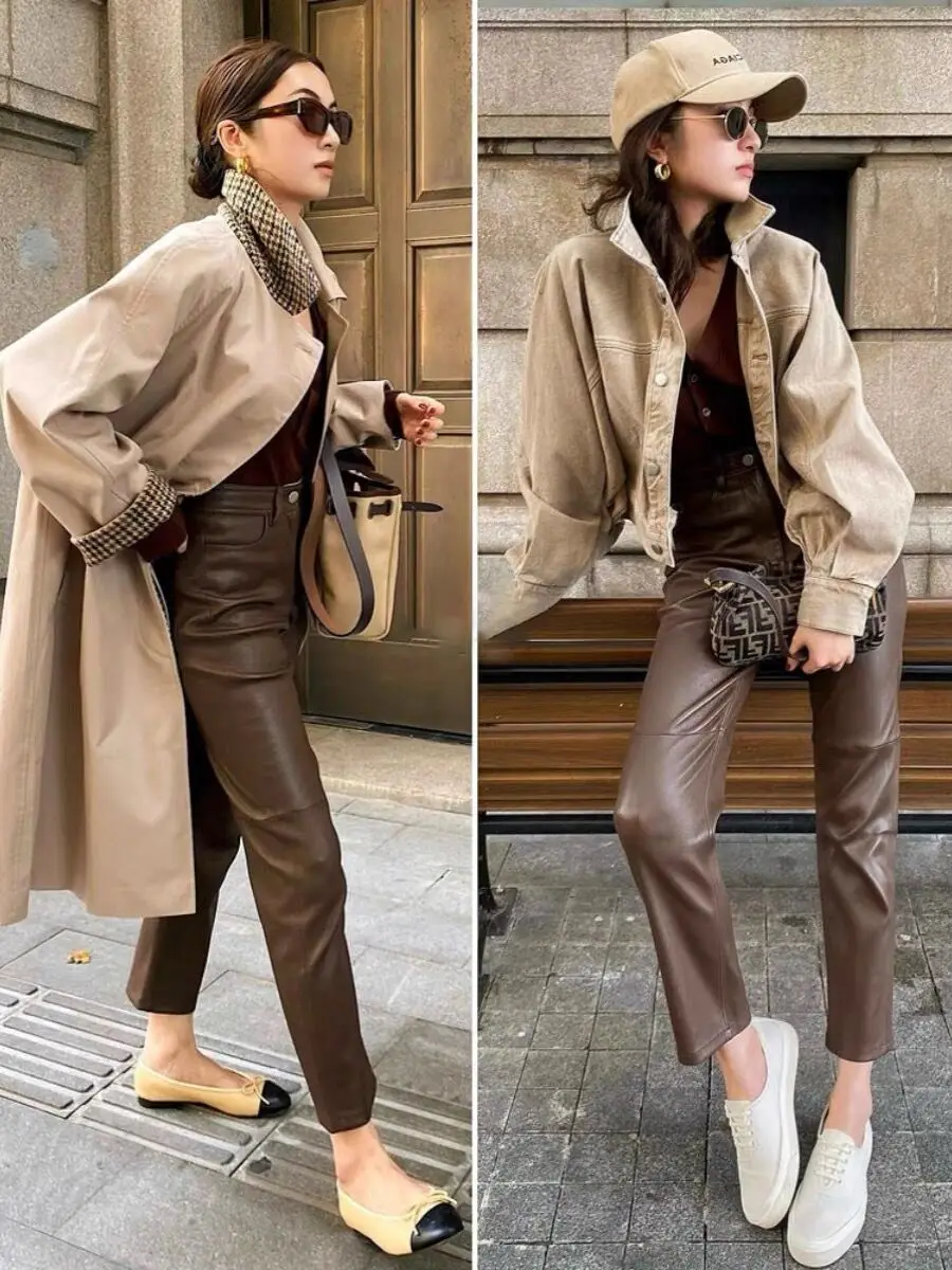 

High Waist Loose Fit eepskin Leather Pants Ele Personali Korean Sle Casual Trousers for Women Autumn Winter New Arr...