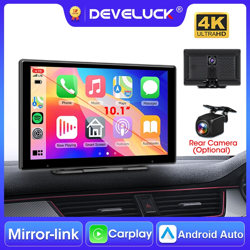 

Develuck 10" 4K Dash Cam Car DVR Wireless Carplay Android Auto GPS Navigation Video Recorder Dashboard BT5.0 with Backup Camera