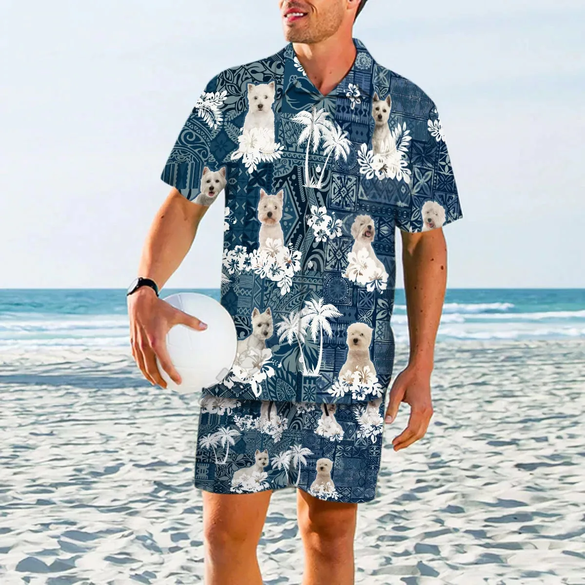 Traje de verano de West Highland White Terrier, conjunto Hawaiano con estampado 3D, camisa hawaiana + Pantalones cortos de playa para hombres y