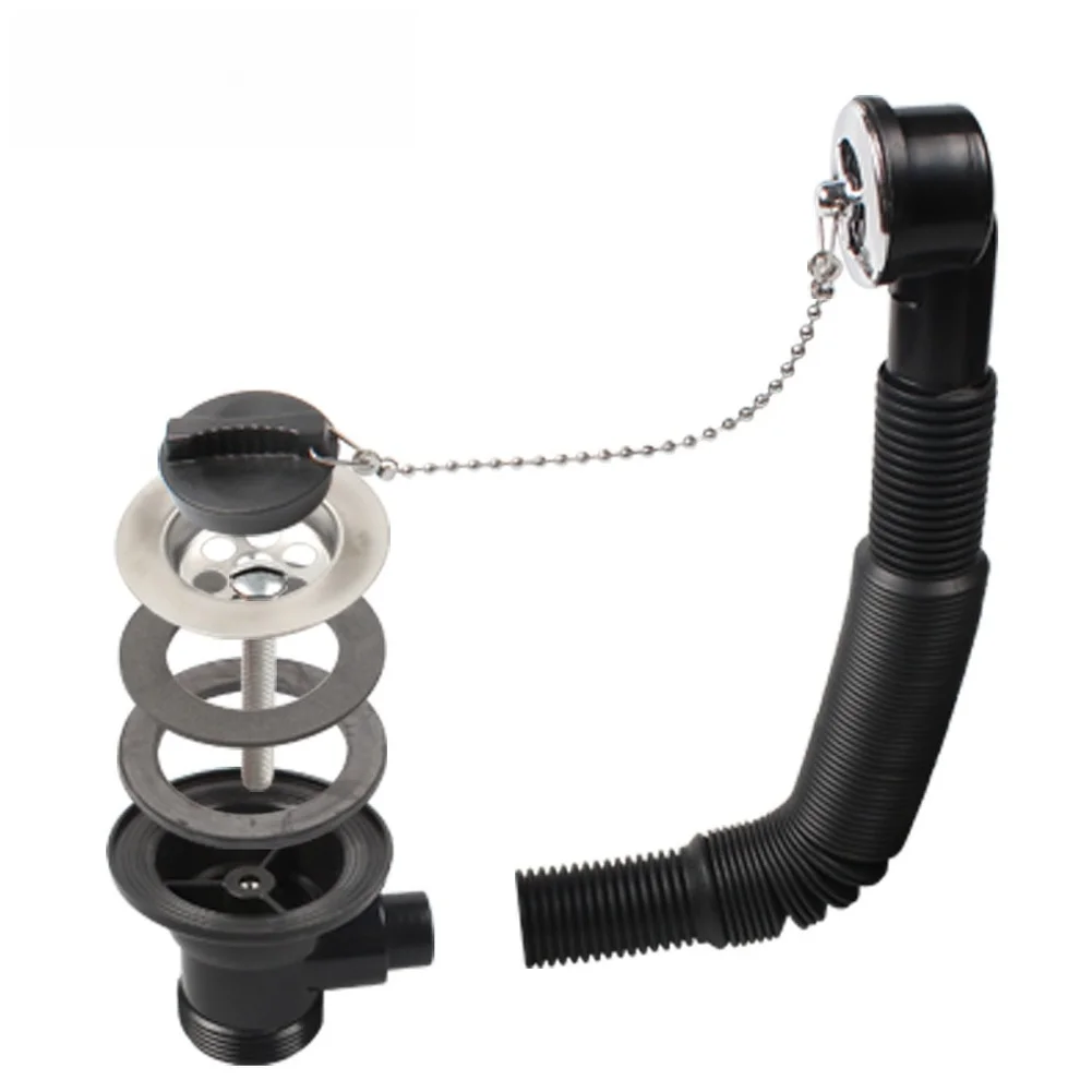 1Pc Black SUS304 Stainless Steel Sink Drain With Round Overflow Chain Cover For 41-50mm Basin Waste Plumbing Fixture