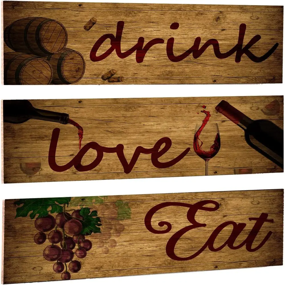 Tri-Piece Red Wine Barrel Wall Art, Love, Eat, Drink Wooden Signs for Kitchen and Dining Room Decor