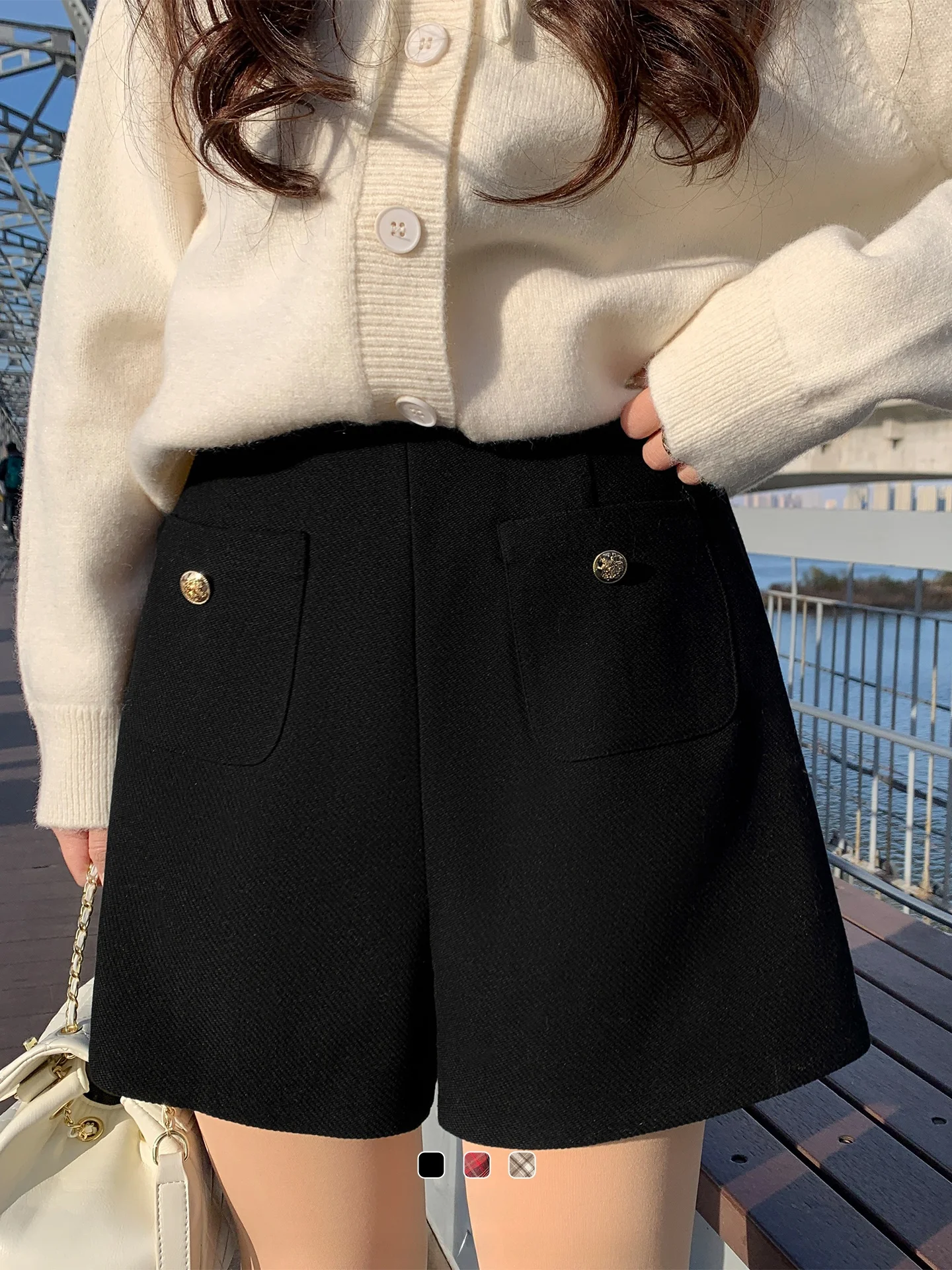 

Шерстяные брюки в клетку с высокой талией свободного кроя для полных женщин, винтажные, с золотыми пуговицами, повседневные, прямого кроя, для зимы