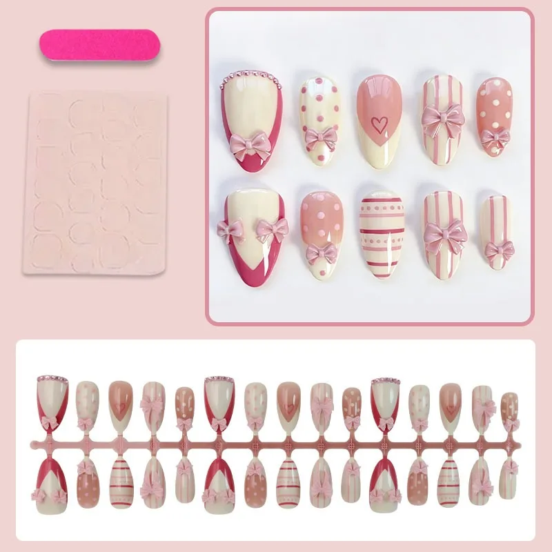 24 Stück Weiße Streifenmuster Französische Künstliche Nägel für Frauen Rosa 3D Schleifenknoten Mandel-Nagelspitzen Süße Polka Dots Tragbare Aufklebenägel