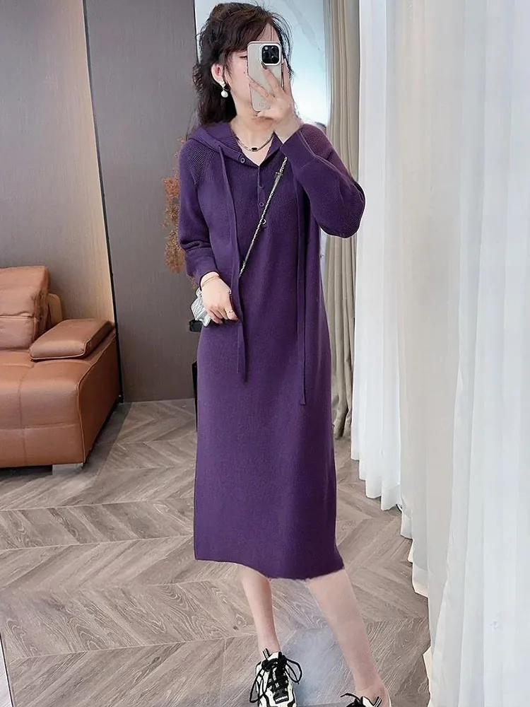 Faionable tricoté à capuche Dr femmes ample longue Sve Dres décontracté Sle Stand Fit a-ligne jupes v-ne vêtements d'automne