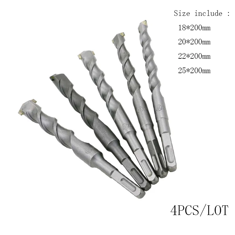 

4Pcs/lot 18-25mm*200mm Electric hammer SDS Impact Fast Spiral Rotary Masonry Hammer Drill Bits Set Carbide Tip Square Shank