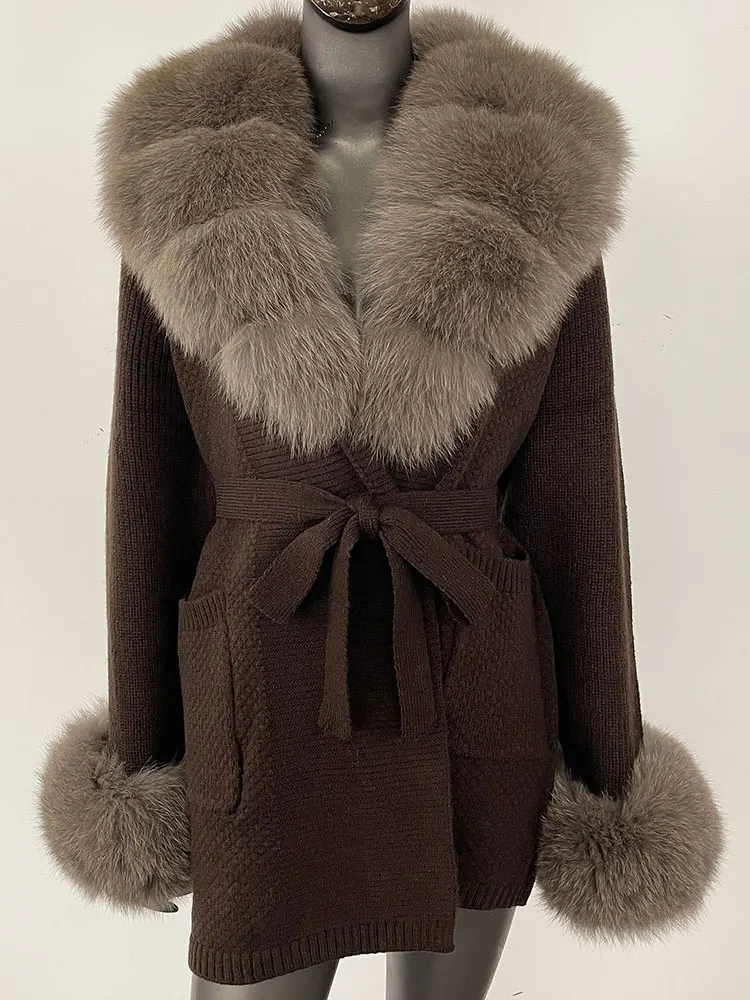 

Women Solid Natural Fur Knitwear 2025 Spring Autumn Real Fox Fur Sweater Oversized Knitted Cardigan Female Knit Clothing