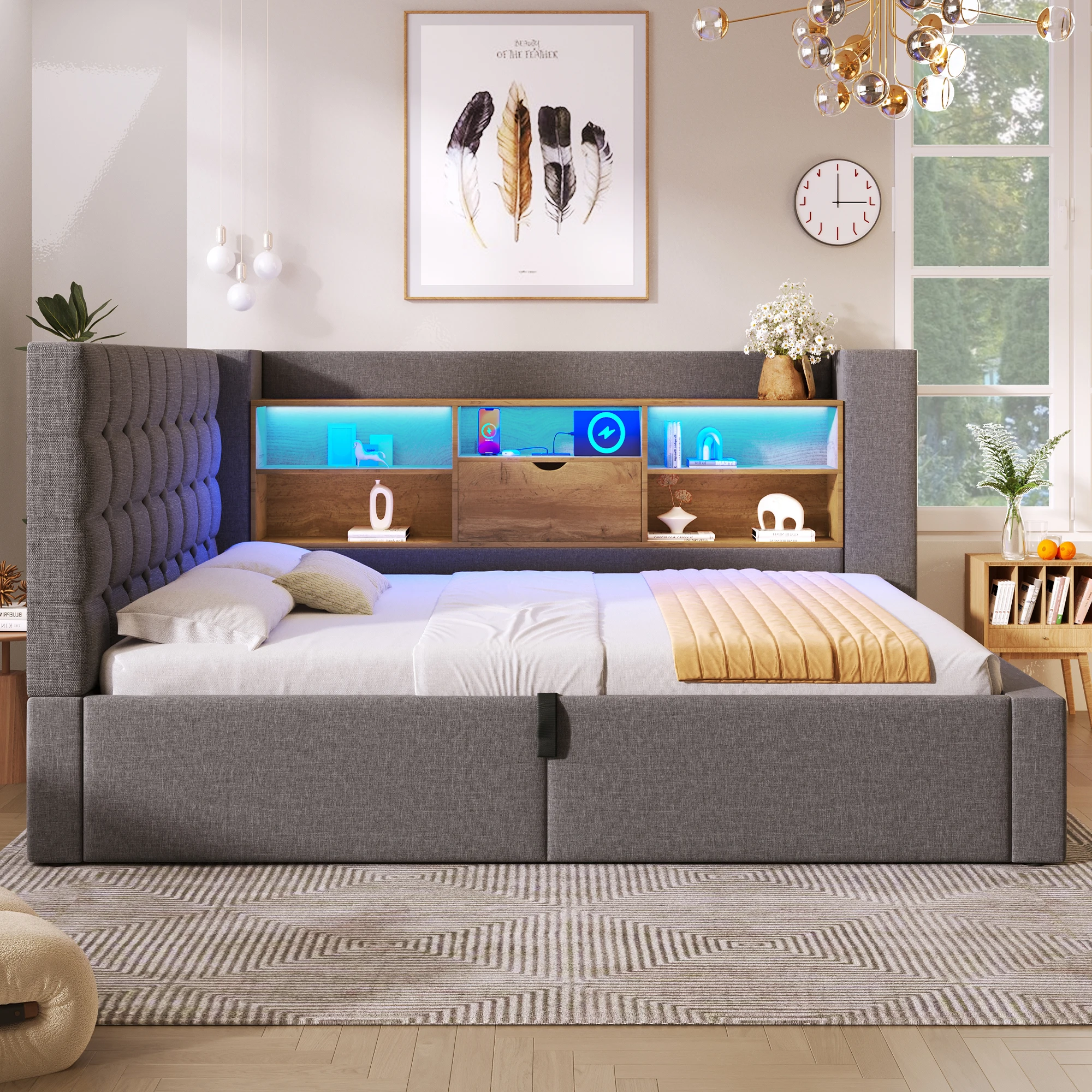 Lit coffre 90x190 cm, LED et prises USB Type-C, lit simple capitonné avec tête de lit intégrée, Lin Gris