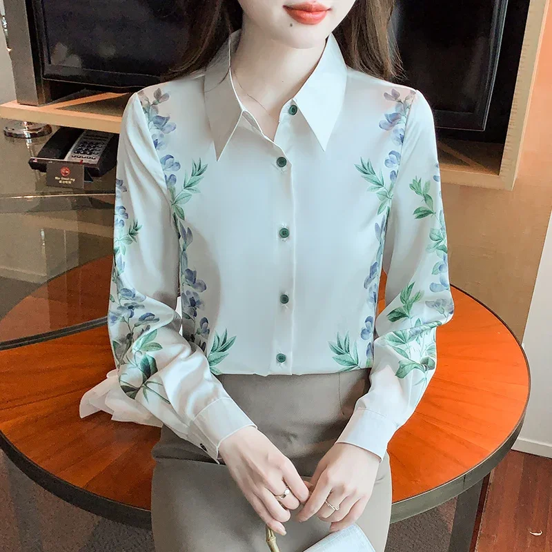 Camisa de moda coreana para mujer, Top abotonado con estampado de manga larga y cuello vuelto, blusa de satén, novedad de 2024