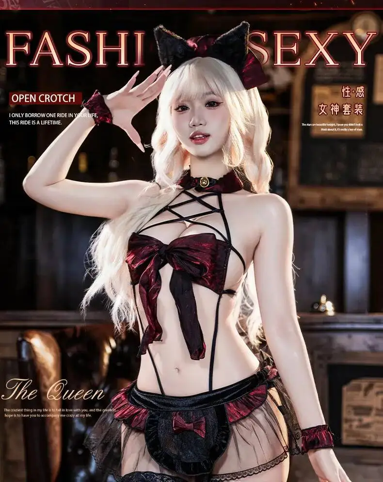 ชุดคอสเพลย์แมวสาวเซ็กซี่ ชุดรอมเปอร์รัดรูปผ้าลูกไม้ผูกโบว์สวยงาม ชุดบอดี้สูทวาบหวิว รุ่น AV3H