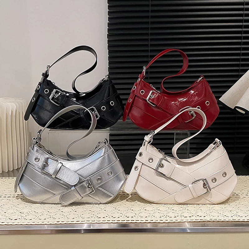 

Vintage Y2K Punk Crossbody Bag for Women Maillard Style Shoulder Purse with Belt Detail, Retro Edgy Underarm Bag