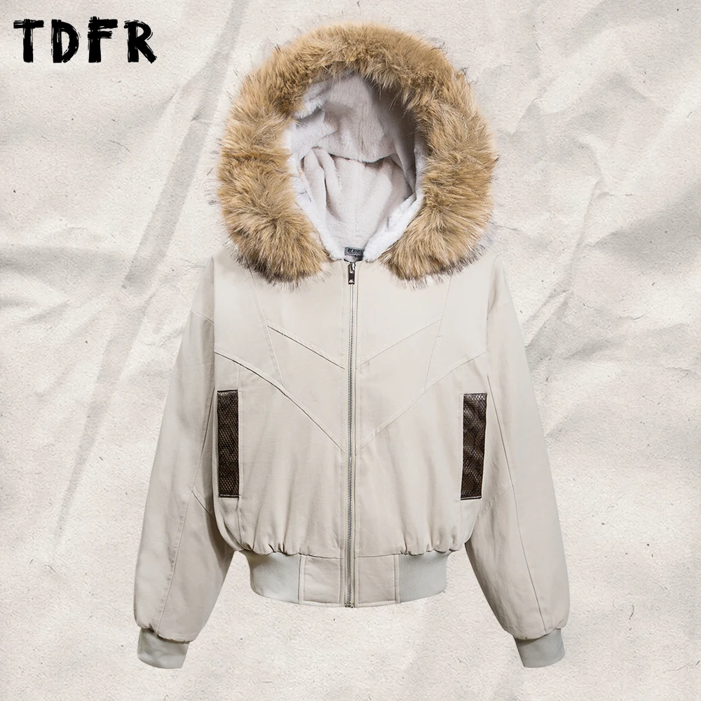 Python Print Pocket Quilted Jacket Mens Winter Casual Fur Collar Detachable Long Sleeve Hooded Thick Outerwear Man